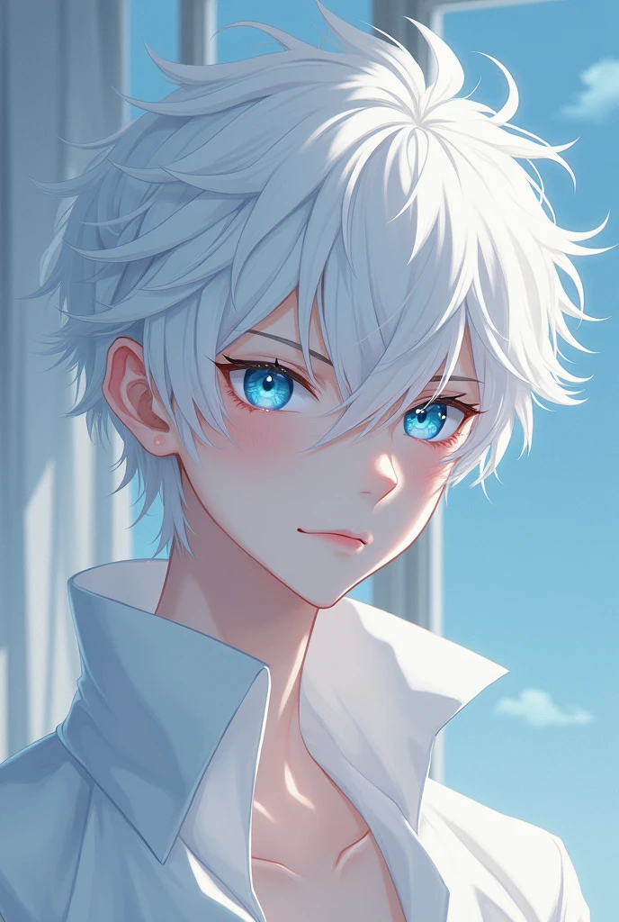 Handsome albino anime man with blue eyes
