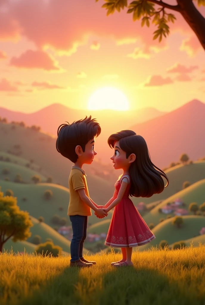 In cenamatic 3d cartoon style"A wider view of the village with Muskan and Aryan standing together on a hilltop, overlooking the valley. They hold hands, with the sunset painting the sky in shades of orange and pink, symbolizing the beginning of their love story. The whole scene radiates warmth, love, and a sense of togetherness."