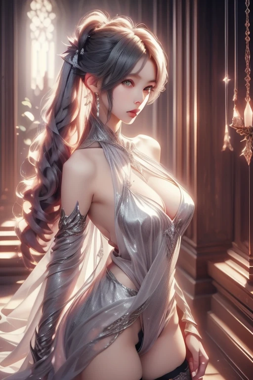High-quality work,Realistic works,Super premium graphics,8K HD CG works,high quality graphics,High-definition and exquisite CG works,10x pixels,Ultra-fine details:1.1,Advanced technical details:1.1Realistic photo effects,Interior lighting effects:1.5,natural soft light:1.5. Light effect(Virtual light effects:1.8),Ultra-high resolution,shining dress,sliver long hair,silber hair,transparenthair,high detailed hair(Quality hair details:1.1)Clear eyes,Double eyelids look good,Sharp eye makeup, Create exquisite eyelash makeup, tthin eyebrows, Ultra-detailed eyes,a tall nose, lovely red lips, rosey cheeks, With delicate makeup on her face , pretty face, The face shape is perfectly proportioned,(Advanced facial details:1.1)"((Hyper-realistic)) cyborg, Sorayama-esque, ((glossy chrome body)), ((translucent glass limbs)), leather outfit, ((girl with attitude)), dynamic lighting, intricate reflections, ((edgy cyberpunk atmosphere)).,Women's artwork,Dress full body video,Reality,Amazing Cleavage,My eyes are very bri、((Twin tails))、(high ponytail)、((random Camera angle))、(斜め上からのCamera angle)、hair accessory、Amethyst hair accessory、((Red and silver gradient hair))、(Whole body shot)、Tattoo on shoulder、(5 denier shiny black stockings)