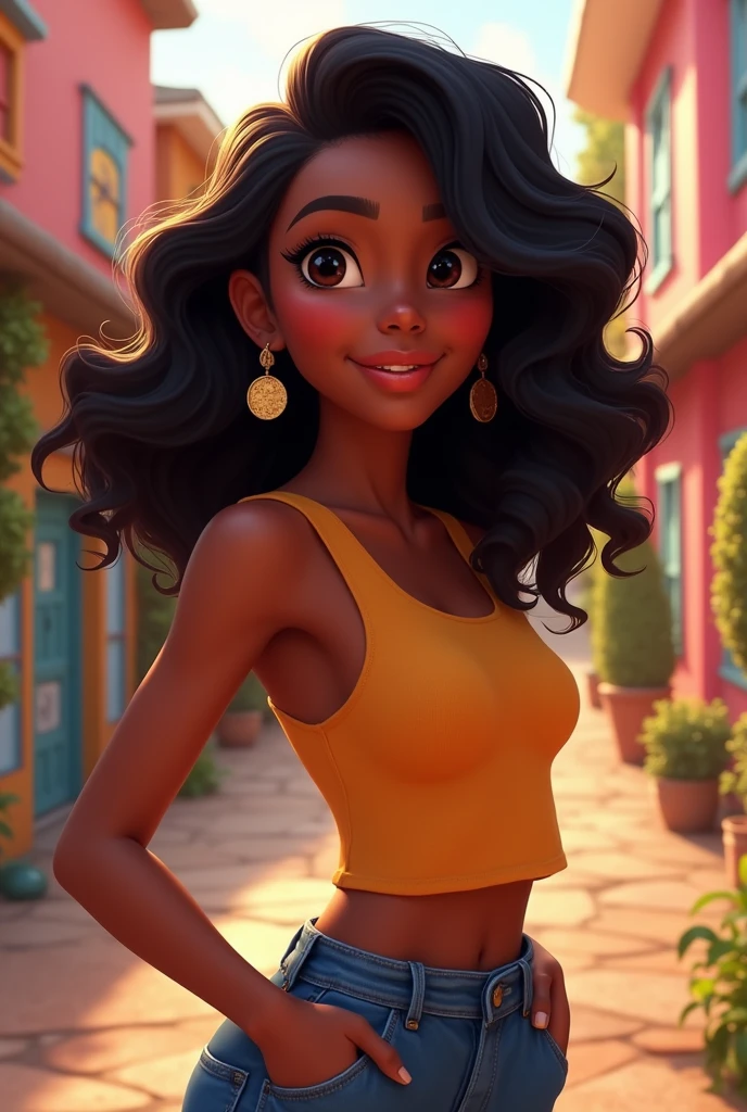 Create a Disney Pixar style character, a 19 year old girl, Bullish, black, wavy hair half curly, long black half brown, eyes black, slightly plump lips, slim, Nose not so big