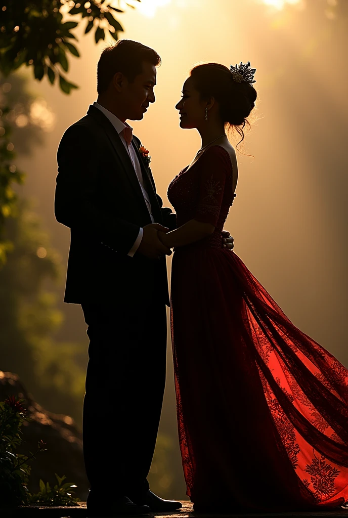 Musician and traditional indonesian dancer doing pre wedding photoshoot shiluette