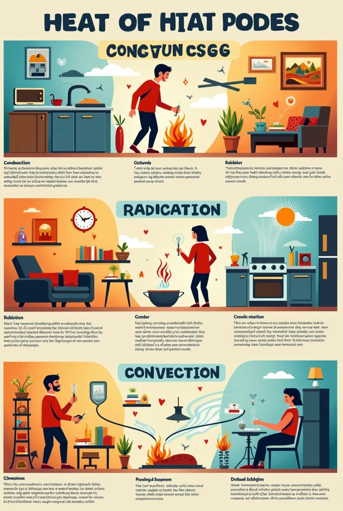 Make a poster about Heat Transfer, about Conduction, Radiation, and Convection Heat Transfer. Illustration should be common things that we do every day