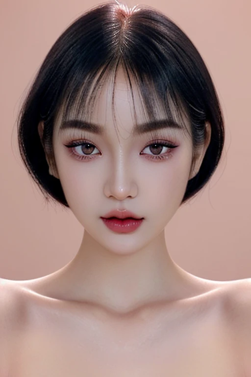 1 girl, 1, close up shot, detailed face, cute face, peach skin tone, smooth skin, blush red cheeks and face, light smirk, bob cut hair, attractive makeup, heavy makeup, long eyelashes, long eyeliner, excessive eye makeup, black smokey eyeshadow, heavy eyeshadow, glossy baby pink lipstick, glossy lips, heavy makeup, soft light