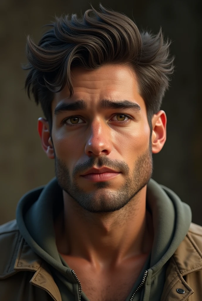 Create the image of a young man with these characteristics: "The stubble that reached his sideburns, the flat nose, the round cheeks, the strong dimple in the chin."