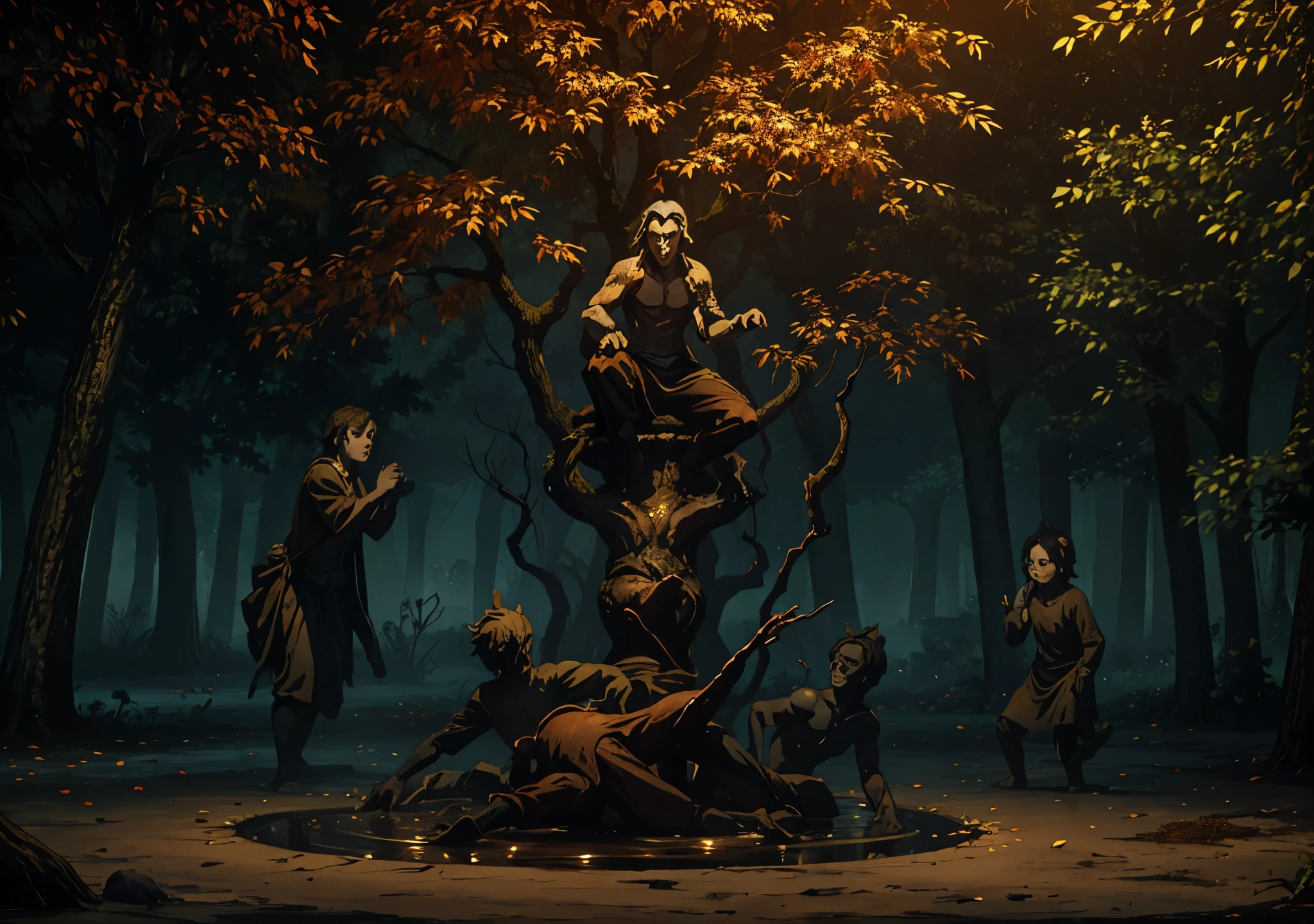 forst, Thu, 2d, dark surroundings, dried leaves, Apple falling to the ground, dark evening, several bown human sculptures with expressions of fear, a fountain of water coming out mud, ampty, only with brown sculptures