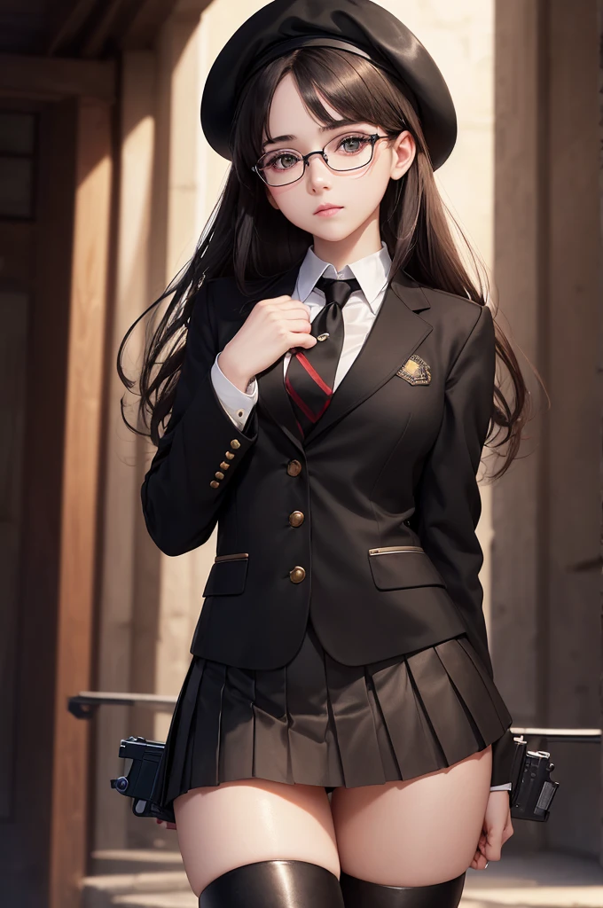 High resolution, Ultra-detailed, Highly detailed CG Unity 8k wallpaper, Realistic, Photorealistic, RAW Photos, Beautifully detailed face, Pale skin, Realistic glowing skin, Detailed cloth texture, Detailed hair texture, Perfect body, Beautiful Face, Accurate, Anatomically correct, Highly detailed face and skin texture, Natural neck length, (Beautiful Hands), (Fair skin:1.2), break, 1_beautiful_girl, 16years_old, layer of clothes, (black_school_uniform:1.3), black_blazer, white_shirt, red_ribbon_tie, black_skirt, short_skirt, pleated_skirt, black_hair, long_hair, bangs, Very_beautiful_face, looking_at_viewer, very_beautiful_eyes, dark_brown_eyes, even_eyes, (Natural makeup:1.1), glamor, ankle boots, (hold_pistol:1.5), (beret:1.3), (cowboy shot:1.2), black leather gloves, round glasses