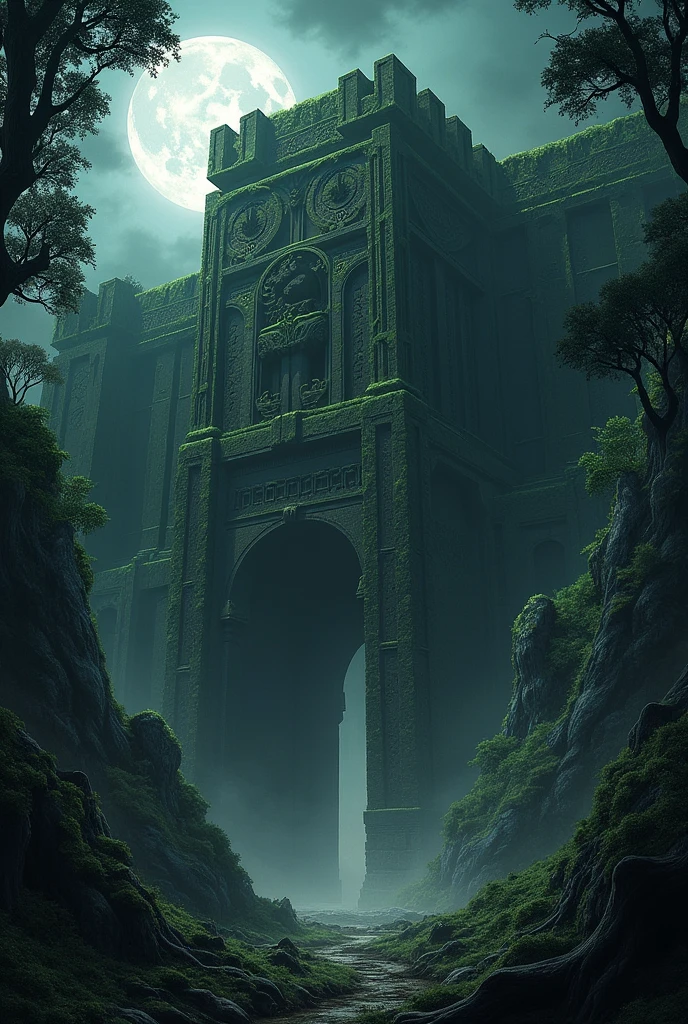 **Titan's Fortress:**
- A massive, ancient fortress built from trees and stones rises high in the middle of a dark jungle. The fortress is covered in moss and vines, with a large, intimidating entrance. The scene is set at night, with the moon casting an eerie glow over the fortress, and shadows lurking around every corner.