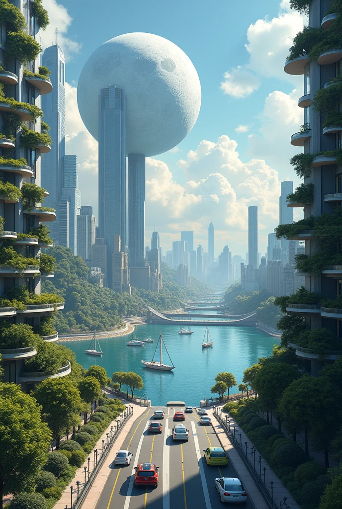 (work of art)), (detailded), 1 city with a HUGE tall moon statue. , Below is a view of many cars passing by beautiful and modern buildings. The buildings have a hanging garden and a very large lake in the middle of the city where there are several sailing boats.