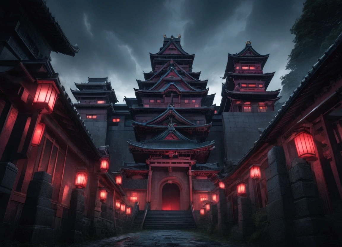 japanese haunted castle, dark colors with red