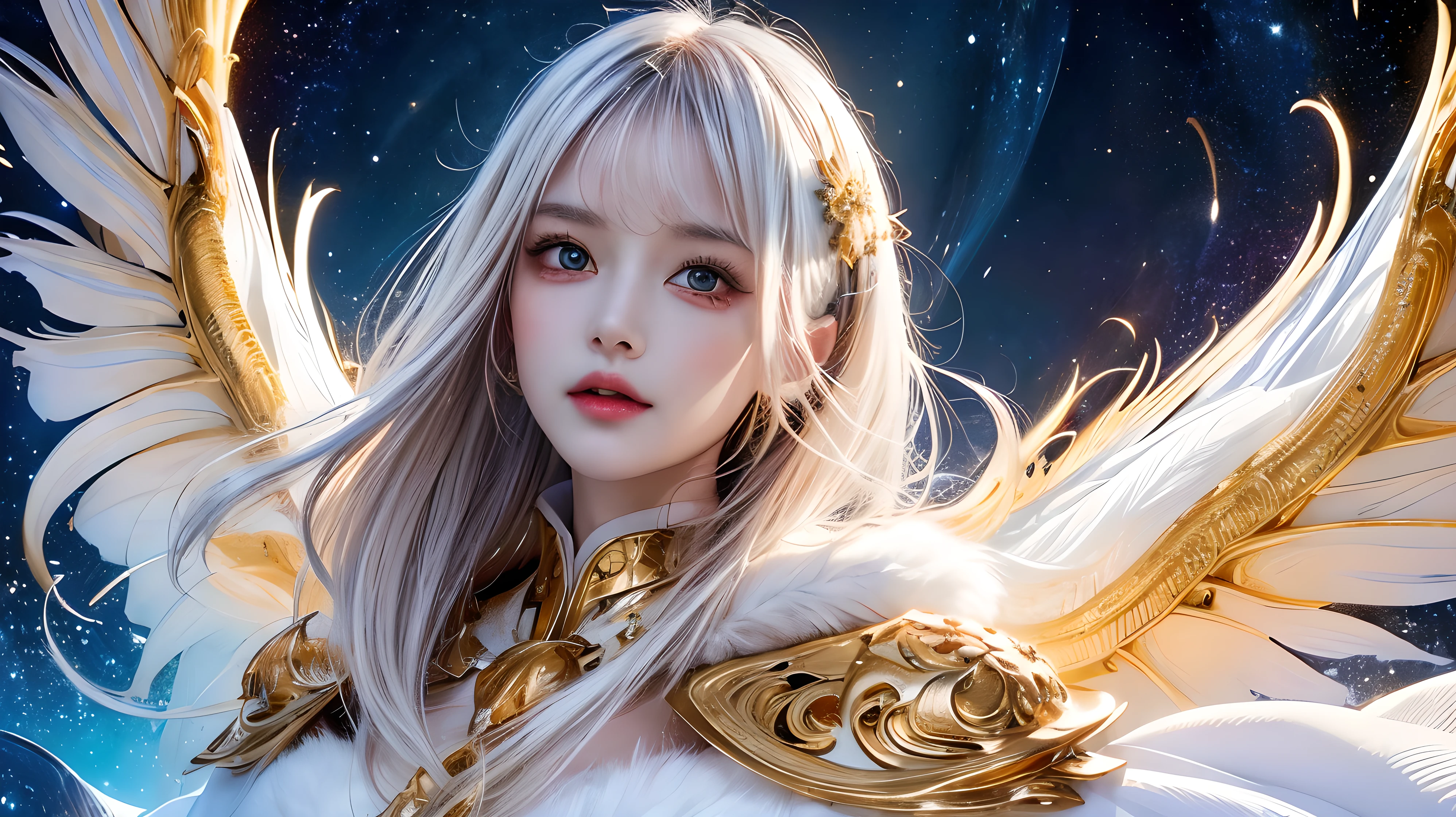 (masterpiece, Highest quality, Highest quality, Official Art, beautifully、aesthetic:1.2), (One person), Highly detailed eyes, (Fractal Art:1.3), colorful, Most detailed, (Perfect Face), Glowing Skin, High resolution, (White cloak, golden lines:1.2), Milky Way, (Streaks of Light), Impressive visuals, (Dynamic stripes, Light trail:1.2), Vibrant colors, (Phoenix), (Dragon)