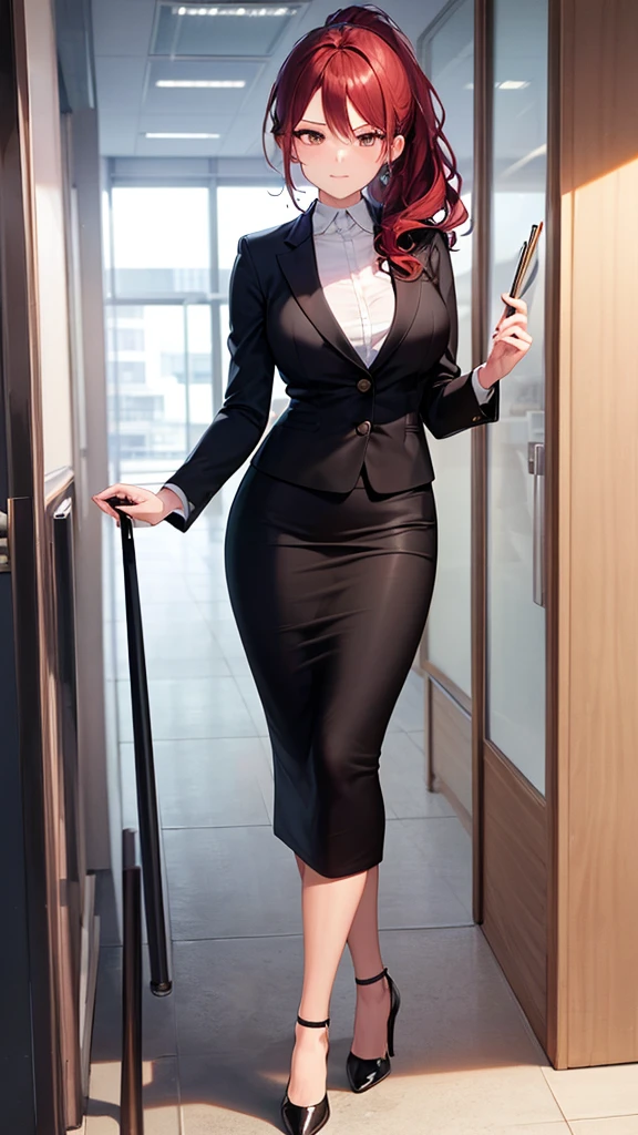 masterpiece, best quality, high detail, beautiful business woman walking, wavy hair, dark red hair, low ponytail, black blazer, black midi pencil skirt, heels, looking at viewer, office building,  