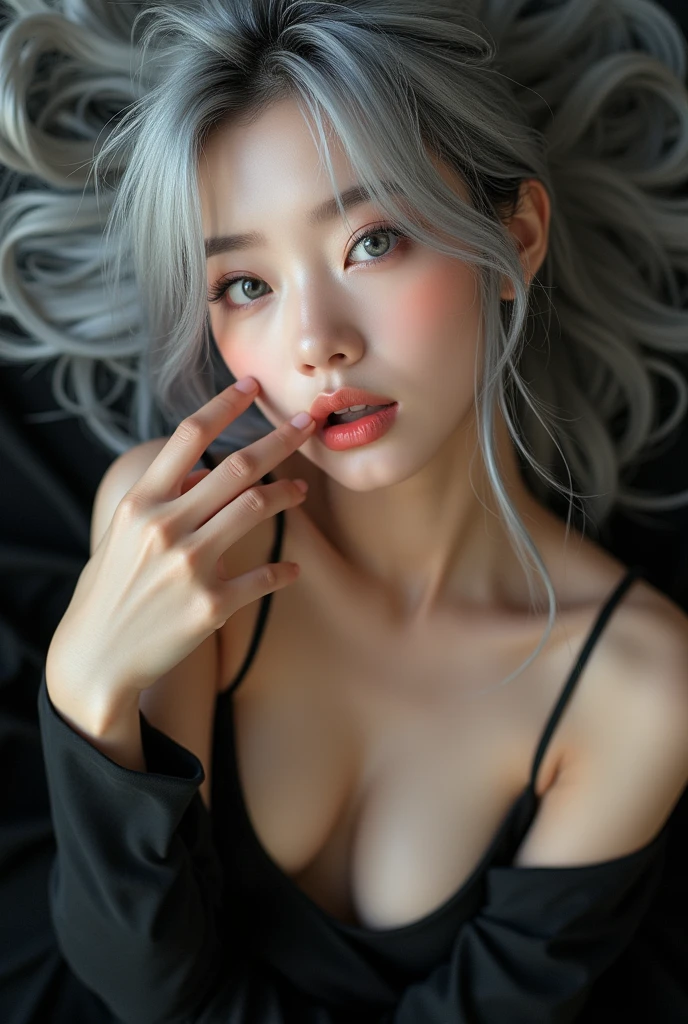 A magazine cover entitled "FLUX". It depicts above view of extremelly beautiful Korean girl, korean idol, kpop style, slender body, detailed skin texture, detailed beautiful eyes, detailed sexy moist lips, natural make up, detailed long silver messy hair, small breasts, black sheet, fully naked, one hand is covering breasts and the other hand finger sucking, medium breasts, grey eyes, sexy light pink moist lips, slightly open mouth, looking to the viewer, Bright front soft studio light, 8K, hyper-realistic, photorealistic, (depth of field:1.1), sharp focus