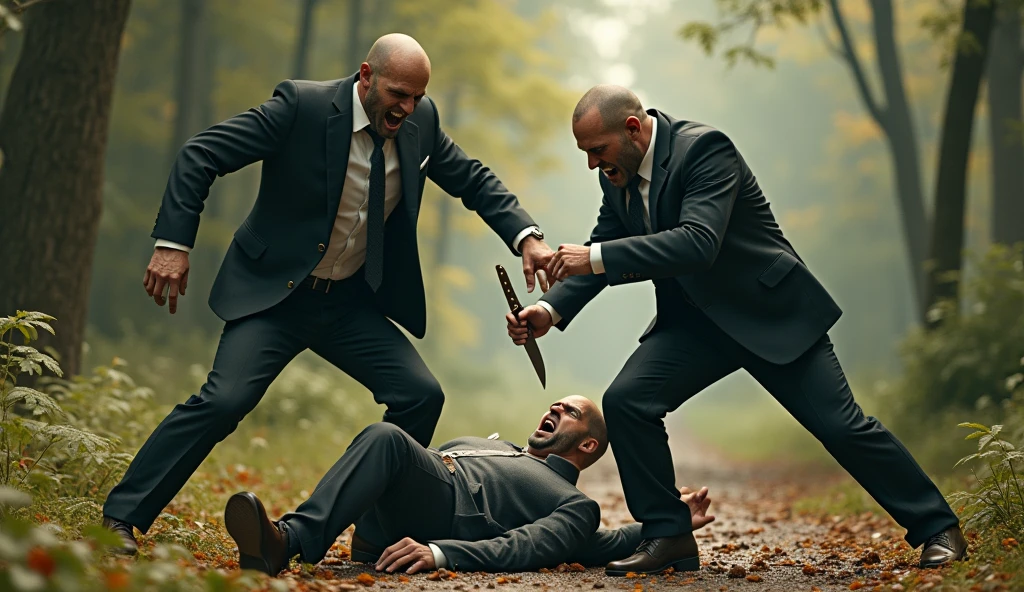 a man in a suit holding a knife next to a man laying on the ground, youtube thumbnail, hand to hand combat with machete, nostalgia critic, brutal violence, hyperrealistic nightmare scene, people fighting, aggressive head, brutal fight, face on head shot, tickle fight in the death tent, armed with edged weapons, mad old bald zombie, markiplier with a knife, bossfight, fistfight, violent and vicious appearance, man mutating to zombie, funny professional photo, wielding a knife, they are fighting very angry And these events are in the middle of a garden