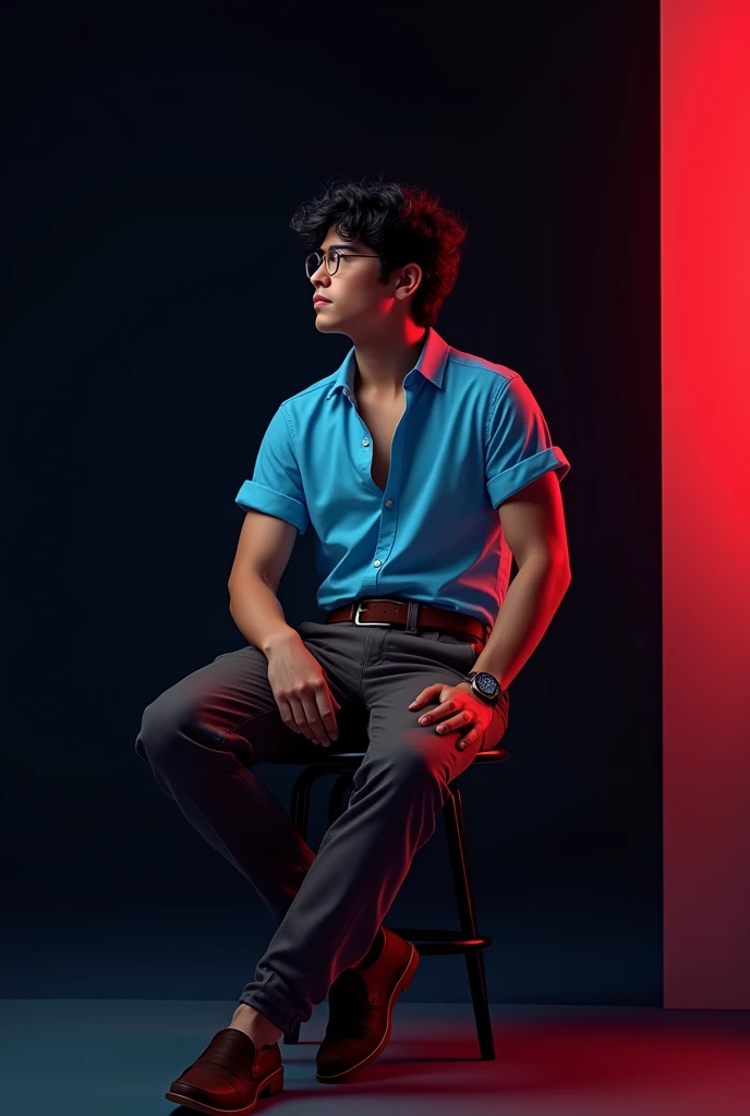 A  tan boy with and black wave hair and wearing a sunglass, sky blue short sleeve shirt tucked with dark brown belt with white long trousers, old watch, dark brown  loafers and sitting on black stool and black background  around red and blue light on it the boy turning right side and seeing right side 