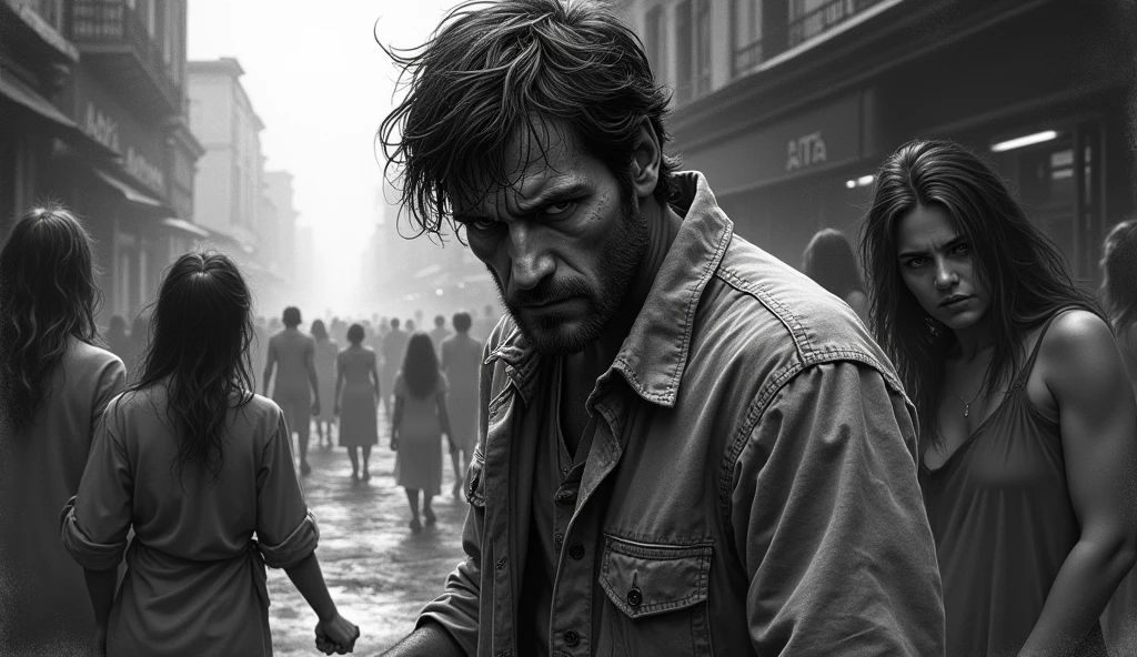 A shocking image of an exhausted young man, wrinkled, old clothing, is in desperation seeking success, looking forward, expression frustrated by seeking success and not achieving it, prostitutes on the street around you offering themselves, Realistic black and white illustration