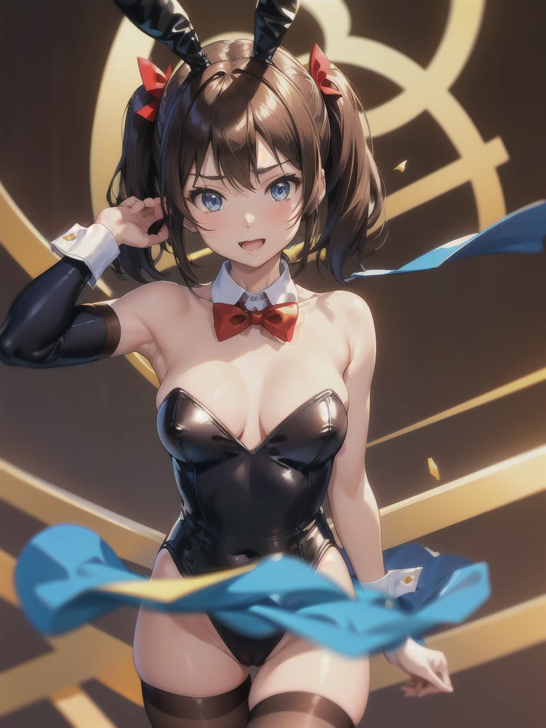 (masterpiece), Highest quality, (((Super detailed, 8K quality))), Expressive eyes, Perfect Face, Perfect Anatomy, Perfect body, scene, Akeno Misaki, One person, smile, Open your mouth, Brown Hair, blue eyes, short hair, Twin tails,, , casino, Cowboy Shot, Exposing shoulders, Brown pantyhose, bow tie, Bunny ears, Red Bow, leotard, Wrist cuff, Strapless, Detachable collar, fake animal ears, Playboy Bunny, red bow tie, leotard, Strapless leotard, Elbow hand pockets