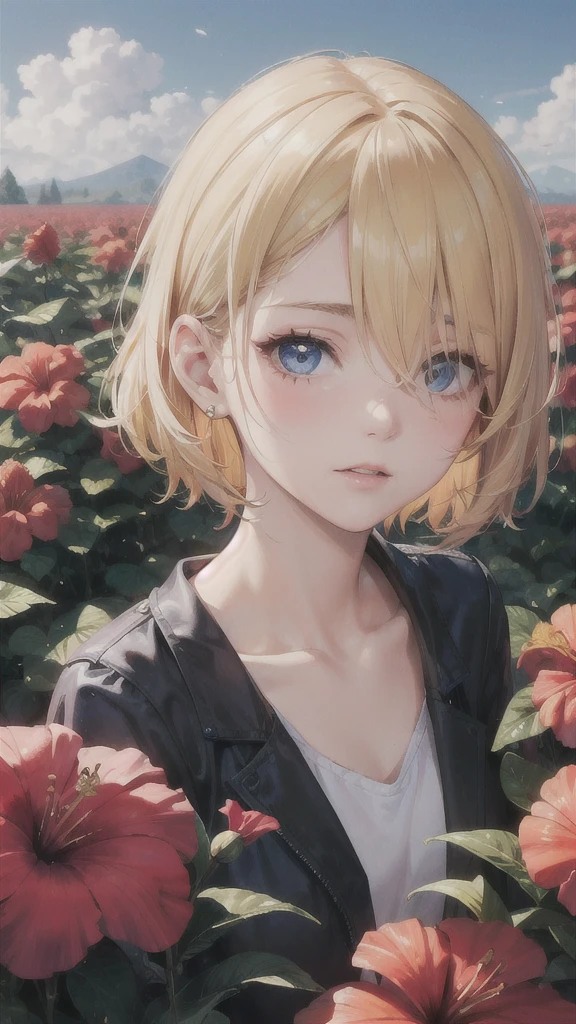 European girl portrait,alone,20-year-old,Beautiful Face,whole body,Hair on one eye,Medium Sidecut, Blonde, Sharp focus,Hibiscus field in the background