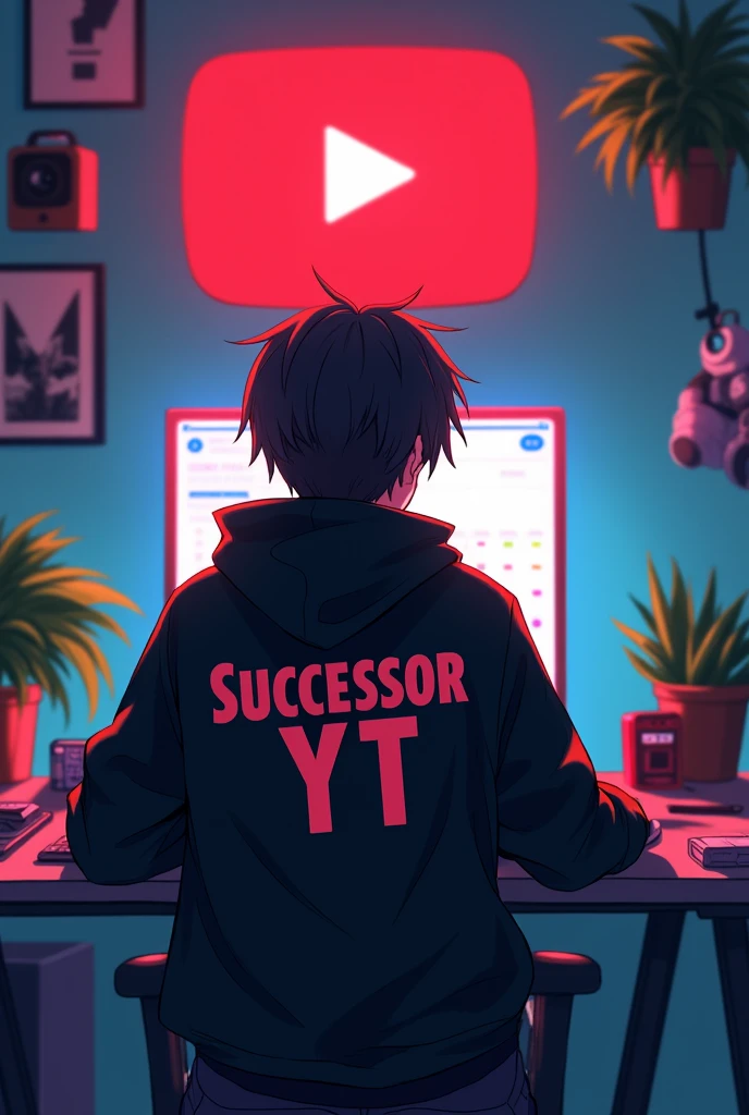 Create a image of "A 18 years anime boy, sitting in front of a computer desk with a microphone and laptop, wearing black and red hoodie with the channel name on it "successor yt".The background include a large YouTube logo on wall, potted plants on either side and various recording equipments." In aspect ratio 16:9"