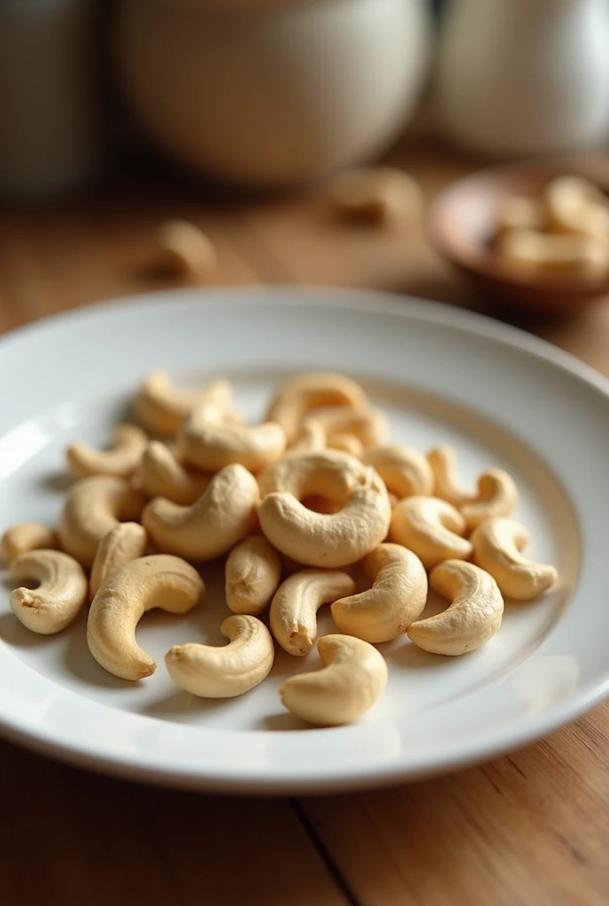 Cashews scattered on a plate in a kitchen