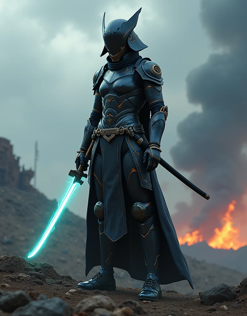 Generate a 4K, hyper-realistic image of an Asian warrior from Nova Aeterna, wearing a full-body, futuristic armor that completely covers her, including a helmet that conceals her face. The armor blends traditional Japanese samurai design with advanced, sleek, and high-tech materials, featuring glowing energy lines and intricate details. She stands on a rocky battlefield under a stormy sky, exuding a mix of determination and inner conflict. Her armor shows signs of recent battle damage, with scorched marks and dents. She holds a katana infused with alien technology, glowing with a faint, eerie light. The background shows the aftermath of a fierce battle, with ruins, distant fires, and scattered debris. Emphasize the detailed design of the armor, the glowing elements, and the dramatic, war-torn environment.