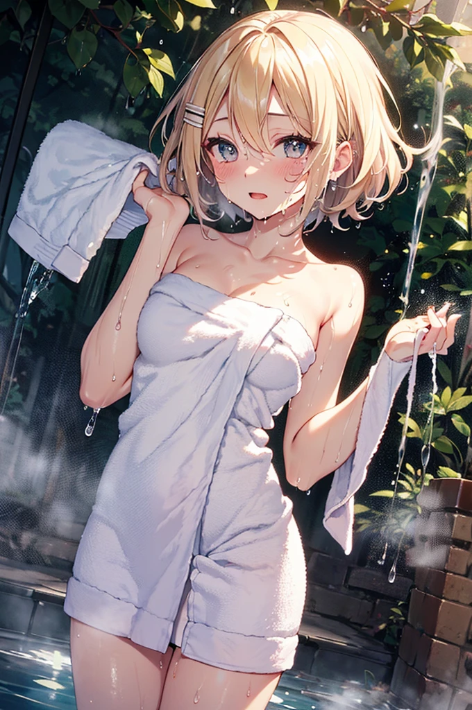 Vocaloid,Kagamine Rin, short hair,white hair, number tattoo,(naked towel,see through:1.4),(chibi:1.2),erect nipples,thighs,Sweating,blush,embarrassed,(hot spring),(wet,steam:1.5),masterpiece,Noise Reduction,perfect anatomy,high resolution, ultra-detailed, ultra-detailed face,game cg,dutch angle ,beautiful detailed eyes,visualart,five fingers, perfect hands, perfect lighting, sparkling pupils,