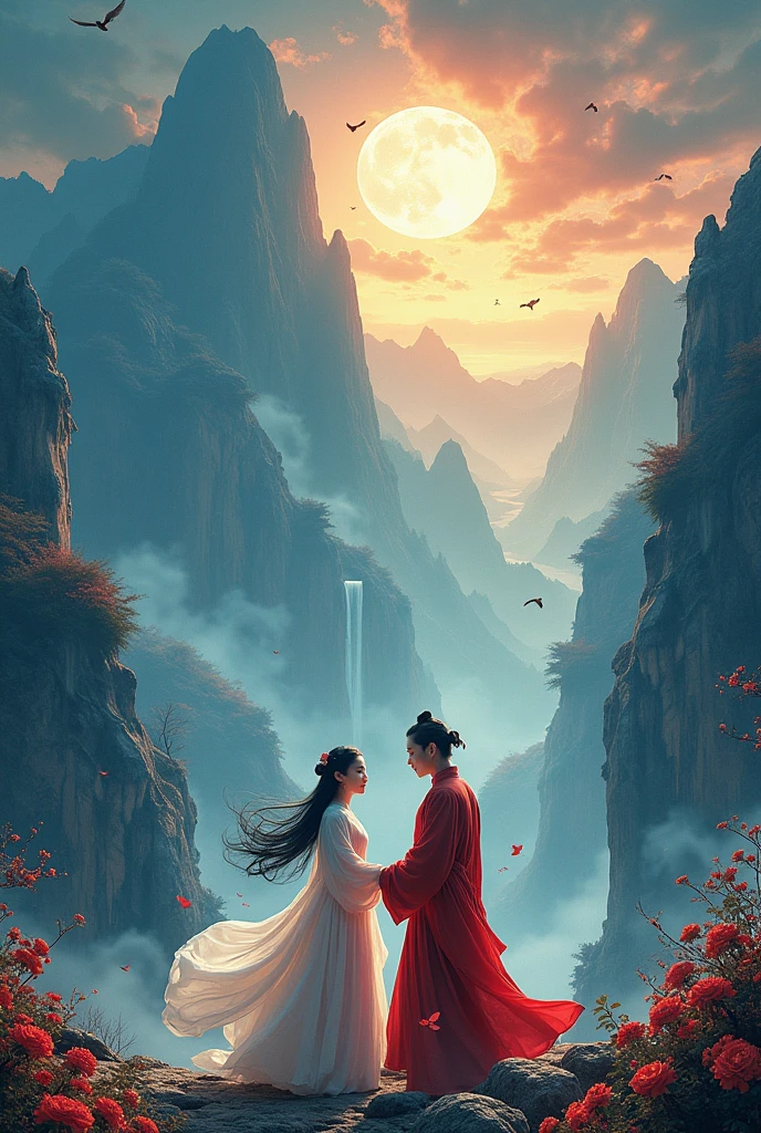 Make a movie poster for Korean actress Kim Jiwon(girl) and korean actor Kim Soohyun(boy) that is similar with Chinese Fantasy shows. they are both facing front.