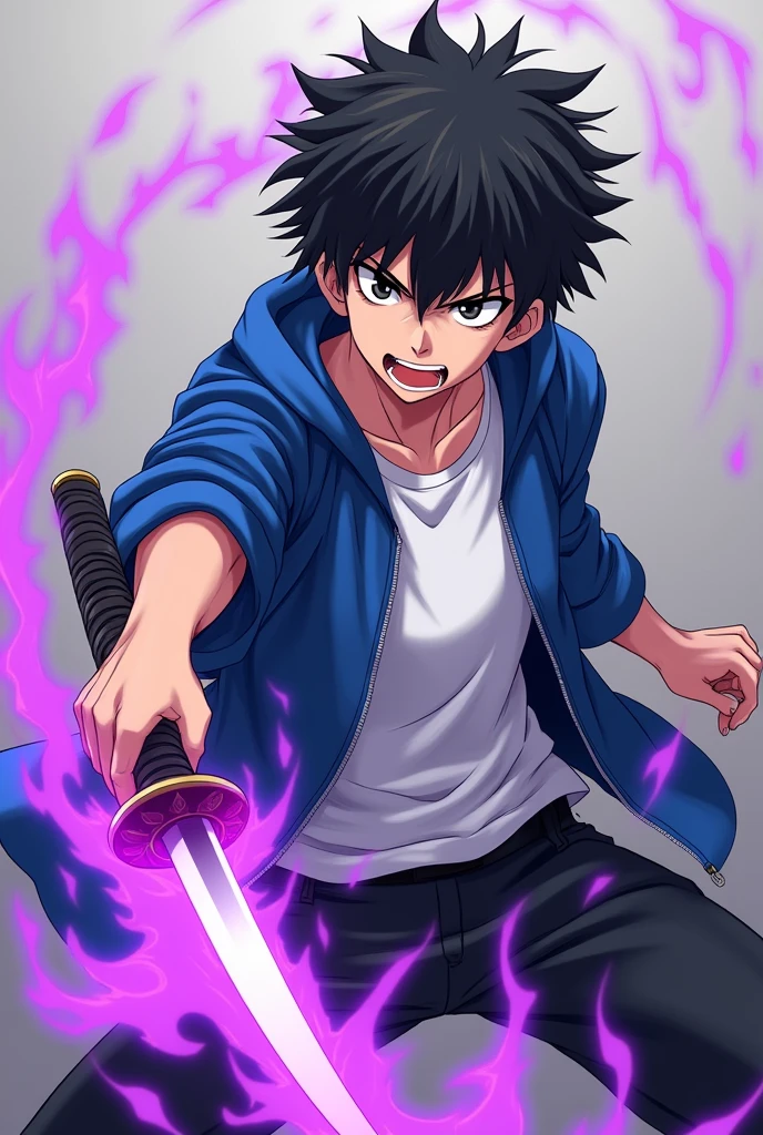 A black haired brown eyed anime boy wearing a white t shirt and a blue jacket is looking forward with an angry look in his eyes he is holding a katana that katana has purple flames