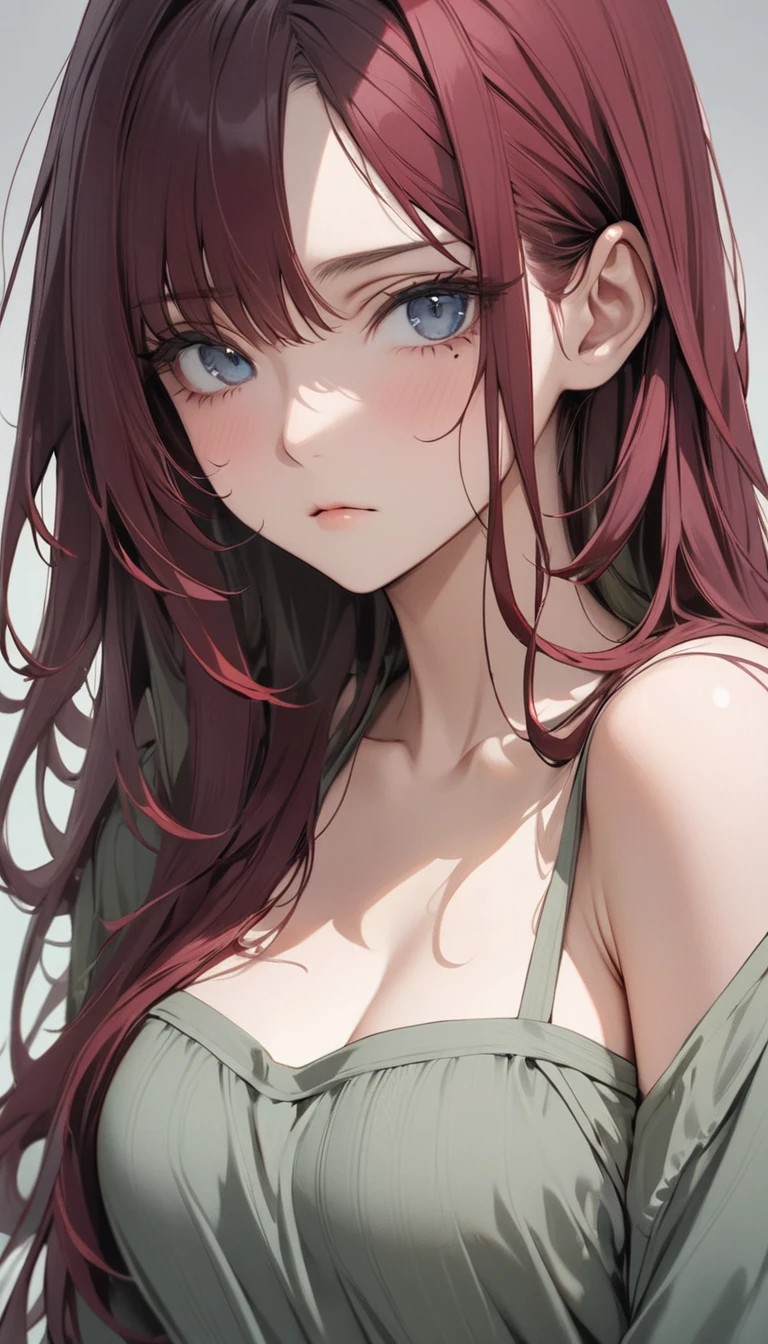 ((Highest quality)), ((masterpiece)), (detailed), One person, Dark cherry red hair, Long hair that stops at the end of the chest, No bangs, Dark blue eyes with grey and greenish hues, looks bored facing the camera. Mole under left eye and one under her right side chin. Mole. Mole under left eye. Mole on her chin.