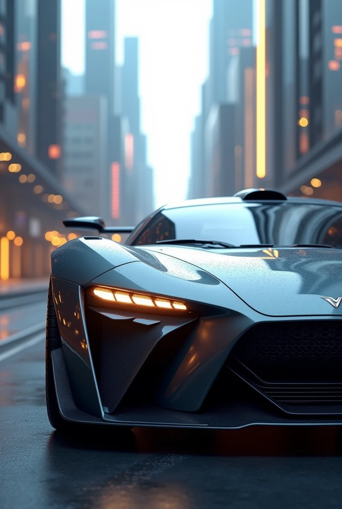 Cool crazy car with unique headlights hd gorgeous looks buildings behind high-tech 