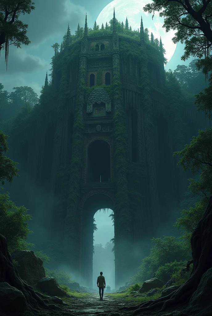 **Titan's Fortress:**
- A massive, ancient fortress built from trees and stones rises high in the middle of a dark jungle. The fortress is covered in moss and vines, with a large, intimidating entrance. The scene is set at night, with the moon casting an eerie glow over the fortress, and shadows lurking around every corner.