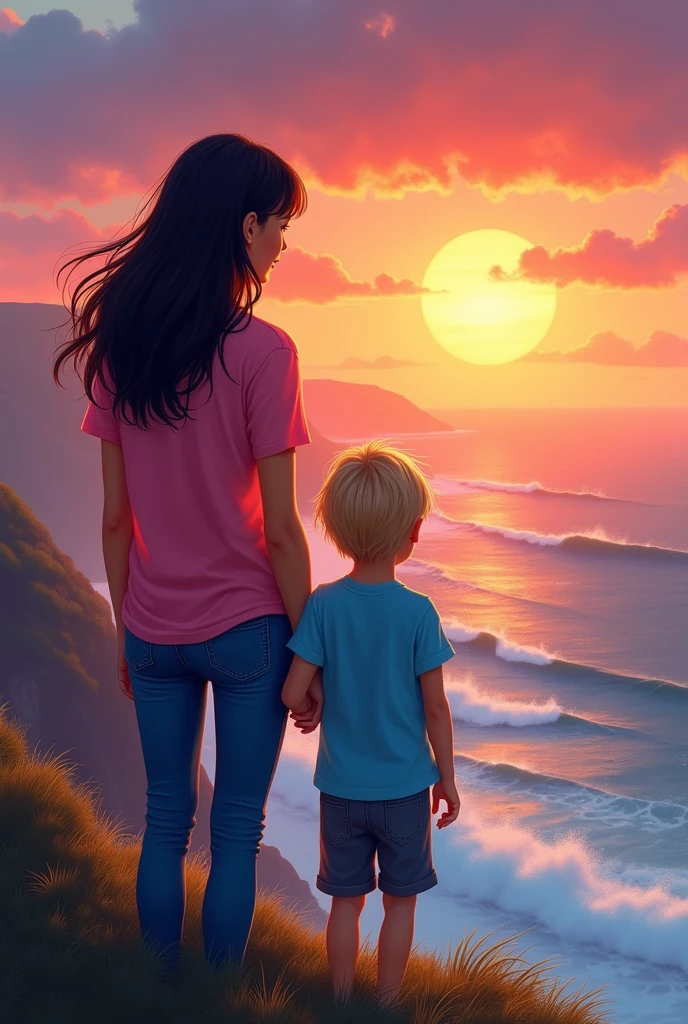 Create a woman with pink t-shirt and jeans with long black hair with bangs, 3 year old blond son with slightly thick hair wearing a blue t-shirt, are facing away from each other looking at a beach on a high mountain at sunset.