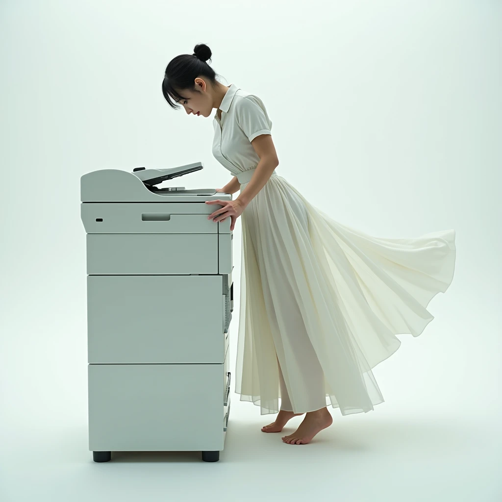 An Asian woman in a skirt puts her body on a working photocopier, as if she is making a copy of herself.