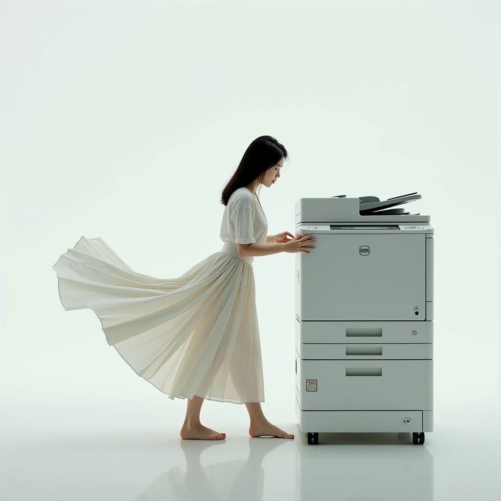 An Asian woman in a skirt puts her body on a working photocopier, as if she is making a copy of herself.