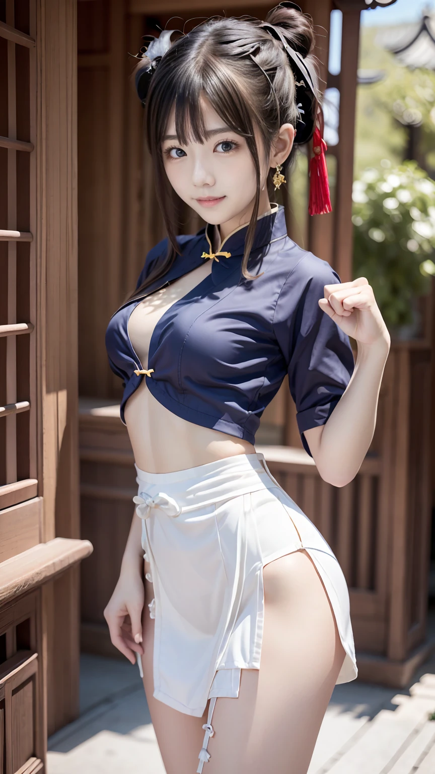 (realism、Perfect Chirarizum)、High quality photos、Cute Japan 、((Extremely detailed))、(Very detailed)、((Tight waist:1.2))、Slender body line、Beautiful breasts、Thin thighs、Small beautiful butt、Highly detailed CG Unity 8K wallpapers、Highest quality、The pieces fly、Off the shoulder、Crop top、((Sexy Chinese Dress:1.2))、((Cute twin-tail bun hairstyle))、Cute smile、(Detailed hands、The right move)、(Beautifully shaped crotch)、(Detailed eyes and face:1.2、Professional photography techniques)、(Perfect Anatomy)、((Fighting pose))