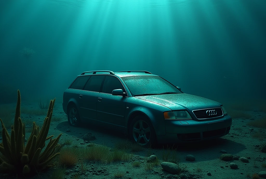 a gray 2004 audi a6 c5 station wagon,abandoned underwater,dramatic lighting,cinematic composition,dark and moody atmosphere,gloomy,submerged,rusting,deep ocean,marine life,aquatic plants,photorealistic,high quality,detailed,4k,8k,masterpiece