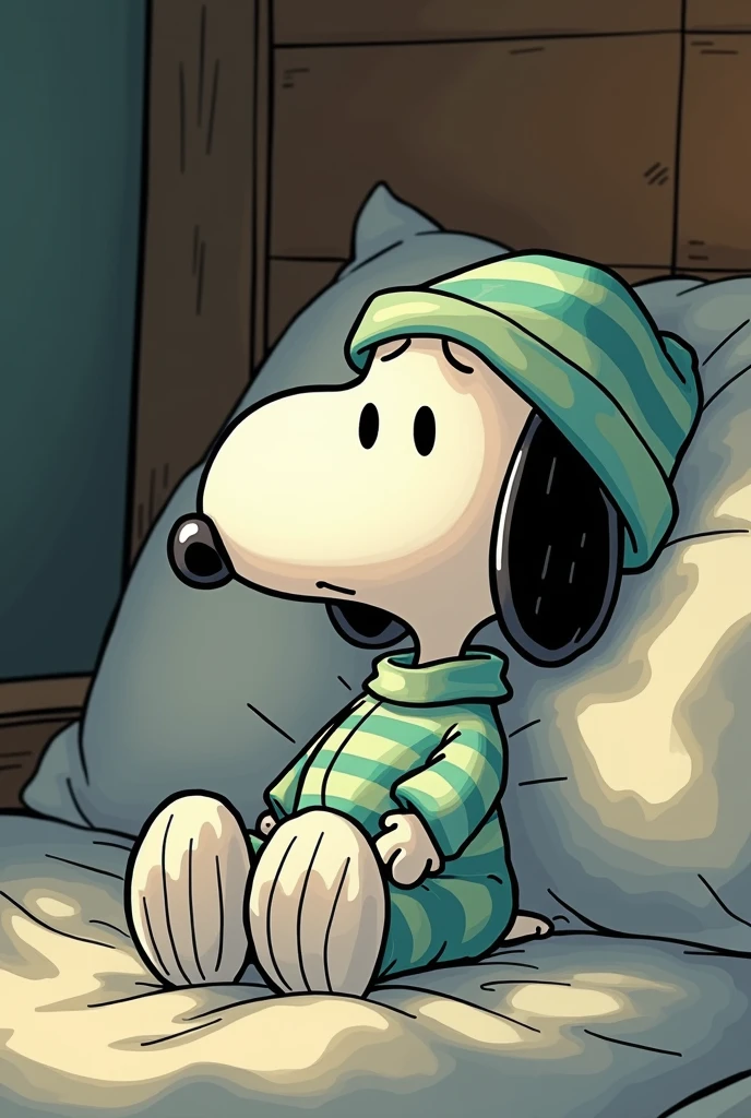 Animated snoopy in pijamas waking up from having a nightmare