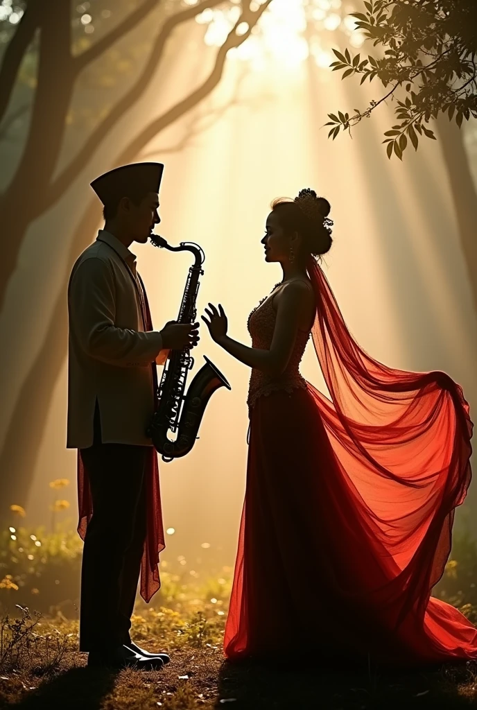 Musician and traditional indonesian dancer doing pre wedding photoshoot shiluette saxophone