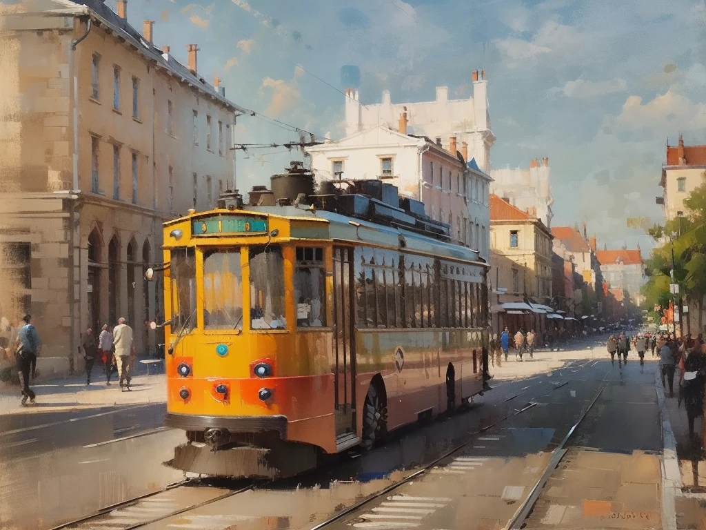 painting of a tram ((( rot ))) aerial view, )on a city street with people walking, por Brian Thomas, street tram, in oil painting style, by Gabor Szikszai, by Antonio Rotta, by Félix Ziem, Tram, by Alfredo Volpi, oil digital painting, Direction: Sigmund Freudenberger, Direction: Géza Mészöly,,,AERIAL VISION