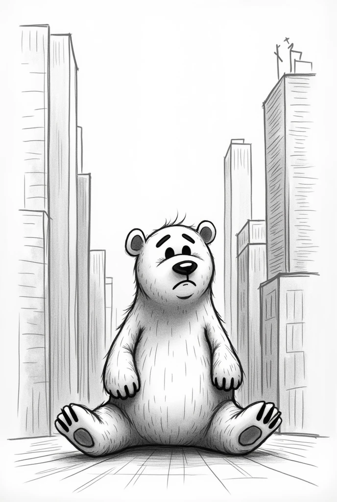 Pencil outline of a bear sitting amidst buildings looking confused