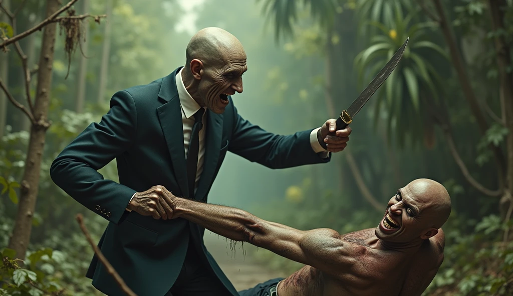 a man in a suit holding a knife next to a man laying on the ground, youtube thumbnail, hand to hand combat with machete, nostalgia critic, brutal violence, hyperrealistic nightmare scene, people fighting, aggressive head, brutal fight, face on head shot, tickle fight in the death tent, armed with edged weapons, mad old bald zombie, markiplier with a knife, bossfight, fistfight, violent and vicious appearance, man mutating to zombie, funny professional photo, wielding a knife, they are fighting very angry And these events are in the middle of a garden