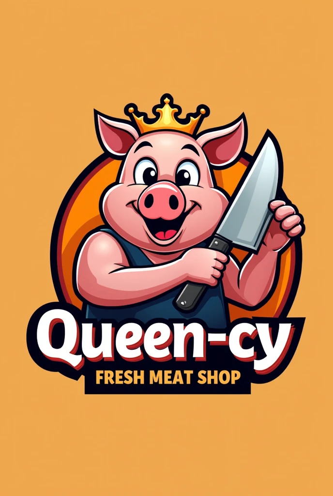 Create logo cyrcle 3D color with animation head pork holding chopping knife orange white and black 'QUEEN-CY' 'Fresh Meat Shop'