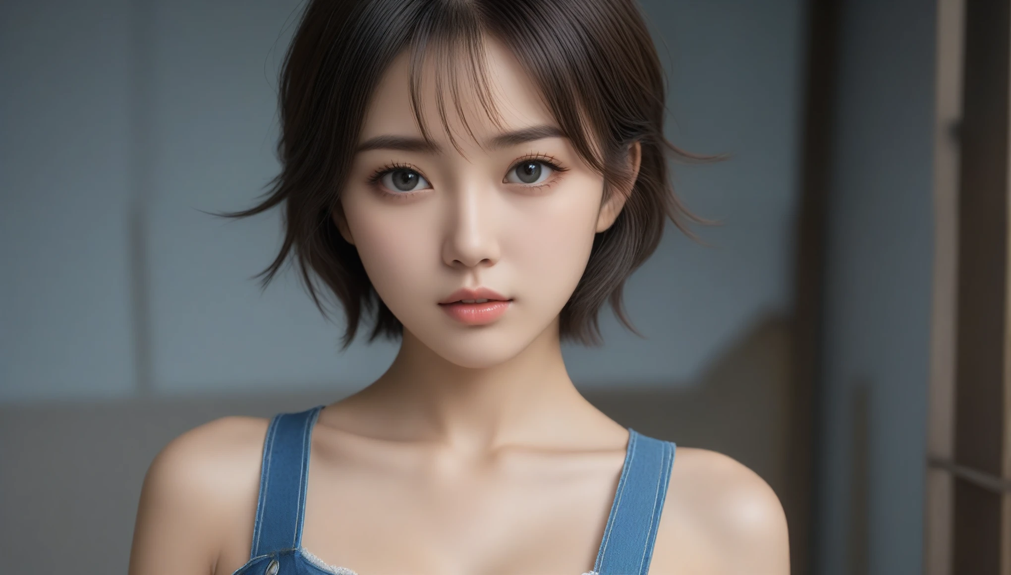 8k, Ultra-high resolution, Highest quality, masterpiece, 三分割法によるphotograph,Surreal, photograph, 1 , (:1.3), cute, cute顔, 細部までBeautiful Eyes, 細かくdetailedに,masterpiece,One Girl:1.2,Japanese women,Young Wife,cowboy shot,glaring,Black short hair,messy hair,(Dirty work clothes:1.3),Staring through the wire mesh,Blue Collar,Factory wall,(Beautiful attention to detail),Subtle details, detailedな顔,anger,Attractive eyes,(ポートレートphotograph:1.4),(Photorealistic images:1.4),Fantasy art,(Beautiful Face:1.4),美しくAttractive eyes、Beautiful Eyes、Grayscale 16Bits,(Tight waist:1.4)、(Beautiful with perfect body proportions:1.4),Pink Lips,Looking at the audience,(((Ideal body type))),A-cup small breasts :2,、Portraiture:2、Perfect Anatomy、鮮明なdetailed、detailed,Fashion magazine cover,Thin lips,完璧でBeautiful Face ,完璧でcute顔, Skin with attention to detail, Perfect limbs、Narrow waist,Surreal,Light and shadow,darkness