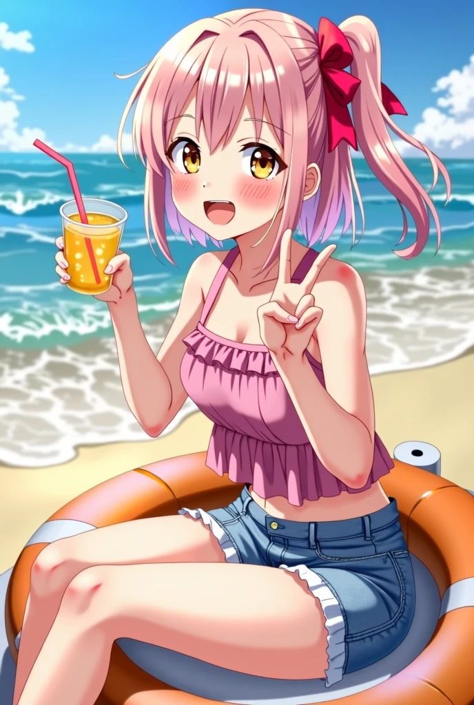 Girl with light pink hair,side ponytail on the right with a red ribbon attaching it with a pink ruffle top,at the beach,with jean shorts,winking and making a peace sign while drinking her drink on a floatie