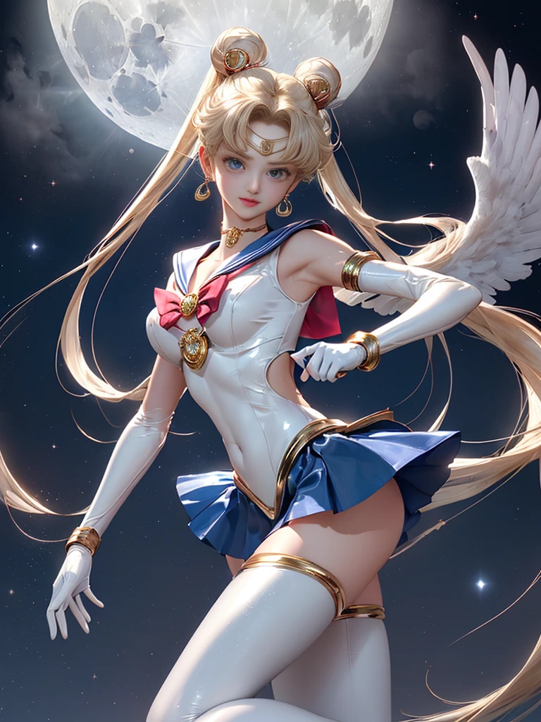 masterpiece、ful:1.3、stands、8k、。.3d、realisitic、Ultra Micro Photography、top-quality、Wallpapers with extreme details CG Unity 8k、frombelow、intricate detailes、(1 female)、28 year old、(Sailor Moon:1.6 Super Bishoujo Senshi Sailor Moon Mer1、meishaonv,tierra、Sailor Senshi Uniform Sailor:1.5、sailormoon:1.5,Eternal Sailor Moon)、(Incredibly long bright twin-tailed blonde:1.4、Thin and very long straight twin tail blonde, Hair buns、Red round hair ornament in a hair bun)、((Sailor Senshi Uniform:1.4、Metallic blue collar,Sailor color in metallic blue,Metallic Blue Pregate Ultra Mini Skirt:1.5、very large red bow on the chest,,Long white latex gloves,Red gloves on the elbows、Bare upper arms,Luxurious golden tiara on forehead、耳Nipple Ring,Luxurious Golden Jewelry Decoration、high leg swimsuit))、Very thin and fit high gloss white holographic leather、High Gloss White Silver Latex SEXY High Leg Cut Swimsuit That Shines Like Oil,Pants are visible,Sexy Model Pose:1.2、dynamicposes:1.2,huge white wings on the back(Details of face:1.5、Blue eyes、Beautiful expression、beautidful eyes、Outline of the iris, Eyes with highlights、thin lipss:1.5、thin and sharp pale eyebrows,、long eyeslashes、Double eyelashes、Thin, thin and muscular,,a small face、tall and large chest、perfectly proportions、big breasts thin waist、Visible Pore、seducting smile、perfect hand:1.5、octan render、highly dramatic picture、(Lunar divinity,cosmic background、rays of moonlight、a moon、Dynamic backgrounds、exquisite lighting and shadow、dynamic ungle、Detailed background),Strong natural light、sunlights、Digital SLR、sharp focus: 1.0、Maximum clarity and sharpness、mecha musume,(Rabbit, Double bun, Twin-tailed, Parted bangs, circlet, Jewelry, earrings, Choker, Red bow, White Gloves, elbow groves, Blue skirt)