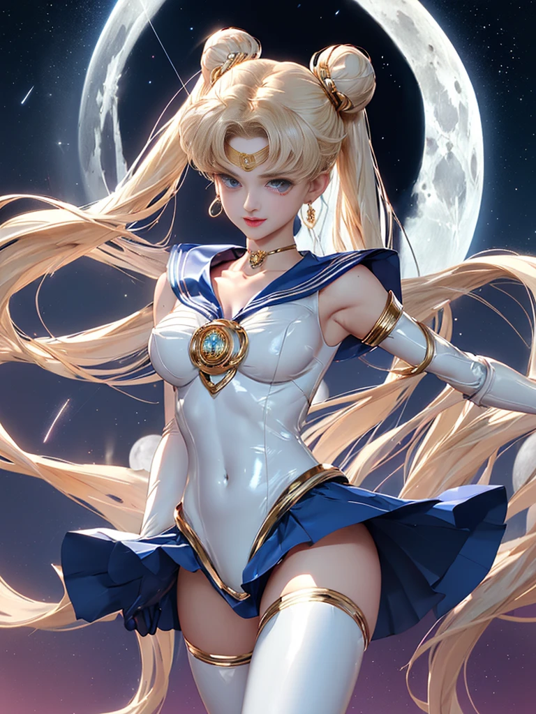 ​masterpiece、ful:1.3、stands、8k、。.3d、realisitic、Ultra Micro Photography、top-quality、Wallpapers with extreme details CG Unity 8k、frombelow、intricate detailes、(1 female)、28 year old、(Sailor Moon:1.6 Super Bishoujo Senshi Sailor Moon Mer1、meishaonv,tierra、Sailor Senshi Uniform Sailor:1.5、sailormoon:1.5,Eternal Sailor Moon)、(Incredibly long bright twin-tailed blonde:1.4、Thin and very long straight twin tail blonde, Hair buns、Red round hair ornament in a hair bun)、((Sailor Senshi Uniform:1.4、Metallic blue collar,Sailor color in metallic blue,Metallic Blue Pregate Ultra Mini Skirt:1.5、very large red bow on the chest,,Long white latex gloves,Red gloves on the elbows、Bare upper arms,Luxurious golden tiara on forehead、耳Nipple Ring,Luxurious Golden Jewelry Decoration、high leg swimsuit))、Very thin and fit high gloss white holographic leather、High Gloss White Silver Latex SEXY High Leg Cut Swimsuit That Shines Like Oil,Pants are visible,Sexy Model Pose:1.2、dynamicposes:1.2,huge white wings on the back(Details of face:1.5、Blue eyes、Beautiful expression、beautidful eyes、Outline of the iris, Eyes with highlights、thin lipss:1.5、thin and sharp pale eyebrows,、long eyeslashes、Double eyelashes、Thin, thin and muscular,,a small face、tall and large chest、perfectly proportions、big breasts thin waist、Visible Pore、seducting smile、perfect hand:1.5、octan render、highly dramatic picture、(Lunar divinity,cosmic background、rays of moonlight、a moon、Dynamic backgrounds、exquisite lighting and shadow、dynamic ungle、Detailed background),Strong natural light、sunlights、Digital SLR、sharp focus: 1.0、Maximum clarity and sharpness、mecha musume,(Rabbit, Double bun, Twin-tailed, Parted bangs, circlet, Jewelry, earrings, Choker, Red bow, White Gloves, elbow groves, Blue skirt)