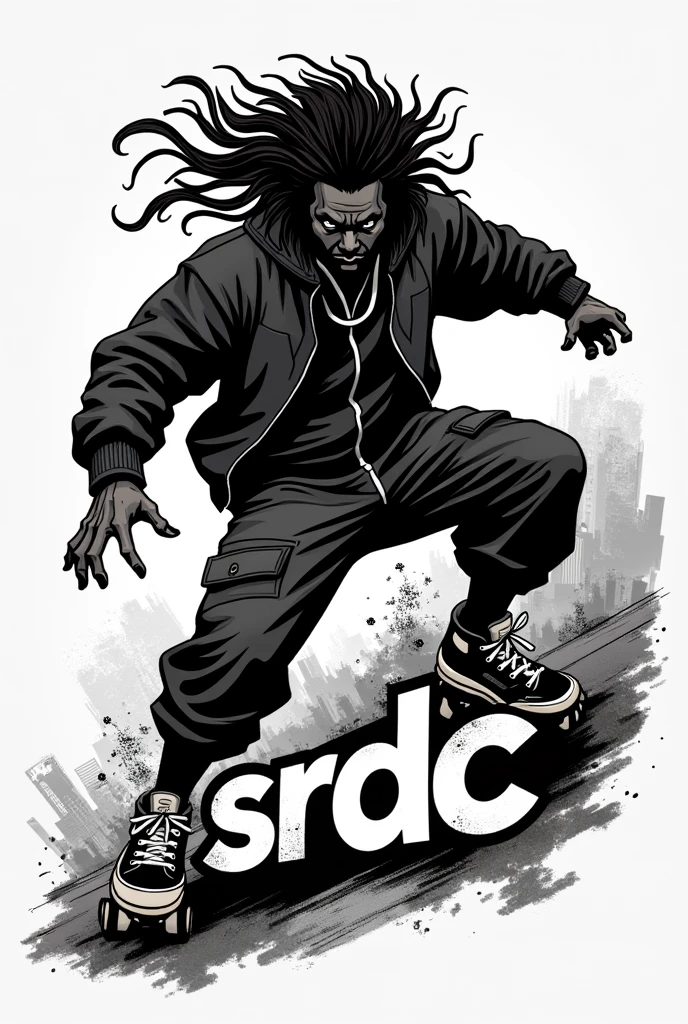 Logo,"SRDC" , roller dance, street dance, manga black man, long hair