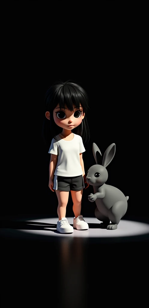 Cartoon character of a woman with straight black hair, eyes black, wears a white blouse and black short shorts, wears white sneakers and has a very cute black rabbit, animation character, stylized character, animation style rendering, 3d stylized, Arnold Maya rendering, Stylized 3D rendering, toon render screenshot, 3d character, 3d character, Stylized 3D rendering, 3D character rendering, cartoon character, Personagem de close up, character posing, (Pixar-style) (master part:1.2) (bokeh) (best qualityer) (skin detailed) (detailed texture) (8k) (Argilla) (cinematic lighting) (sharp focus