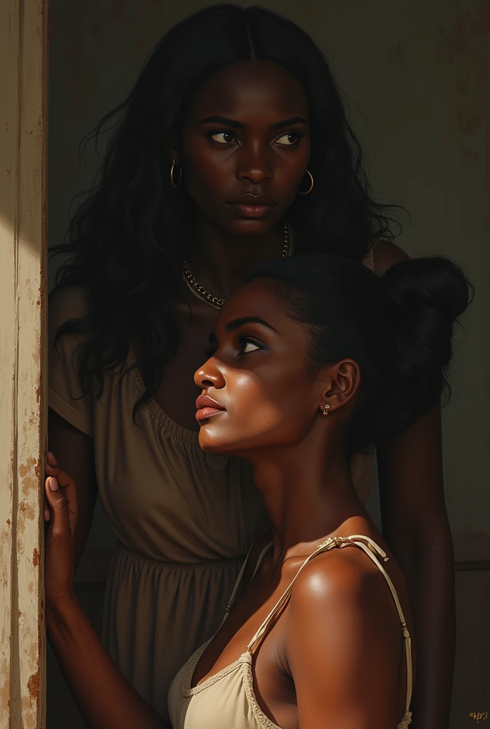 Create a picture of Mimme a beautiful African woman with a weak smile trying to hold back her tears when being mocked by her mother inlaw