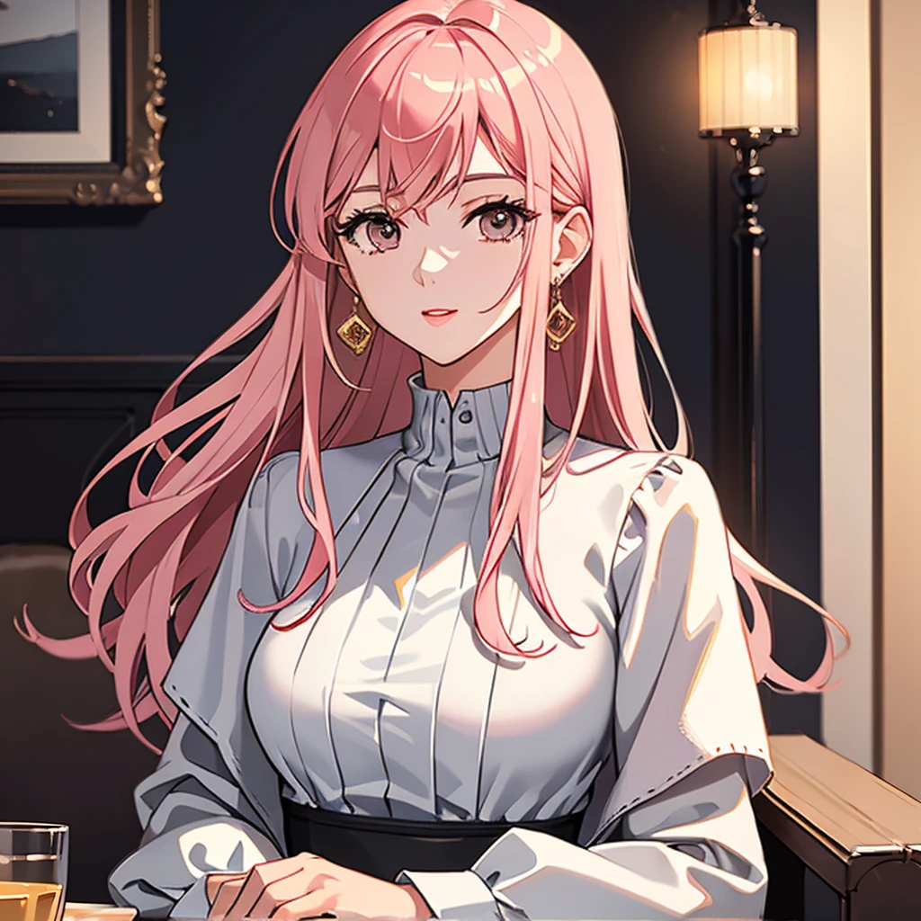 (masterpiece, high quality, best quality, 4k, 8k:1.4), 1girl, solo, pink hair, brown eyes, double-parted bangs, long hair, (mature female, mature:1.2), mole under eye, earrings, white flowy dress, close up, detailed face, beautiful detailed eyes, beautiful detailed lips, extremely detailed face, long eyelashes, intricate details, cinematic lighting, warm color palette, chair, sitting, indoors