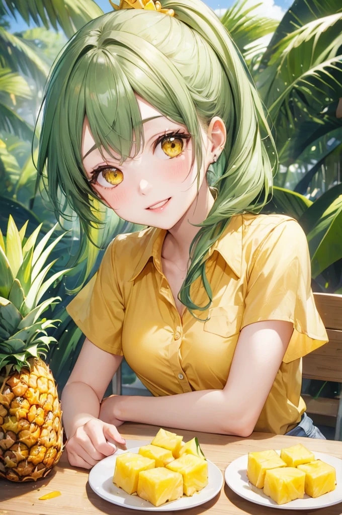 (eating style) (enjoy Cut pineapple), (solo:2, 15 yo), (beautiful ponytail) (glossy beautiful green hair long hair) (beautiful cute girl), (glossy lip, happy smile, best beauty yellow eyes), (medium tits), in a casual yellow tropical blouse, short pants, break, in the Nago Pineapple Park in Okinawa, master quality line up on table many Delicious looking pineapple cut into bite-sized pieces, BREAK, perfect anatomy, masterpiece, best quality, 16k, beautiful detailed grow, daydreaming expression.